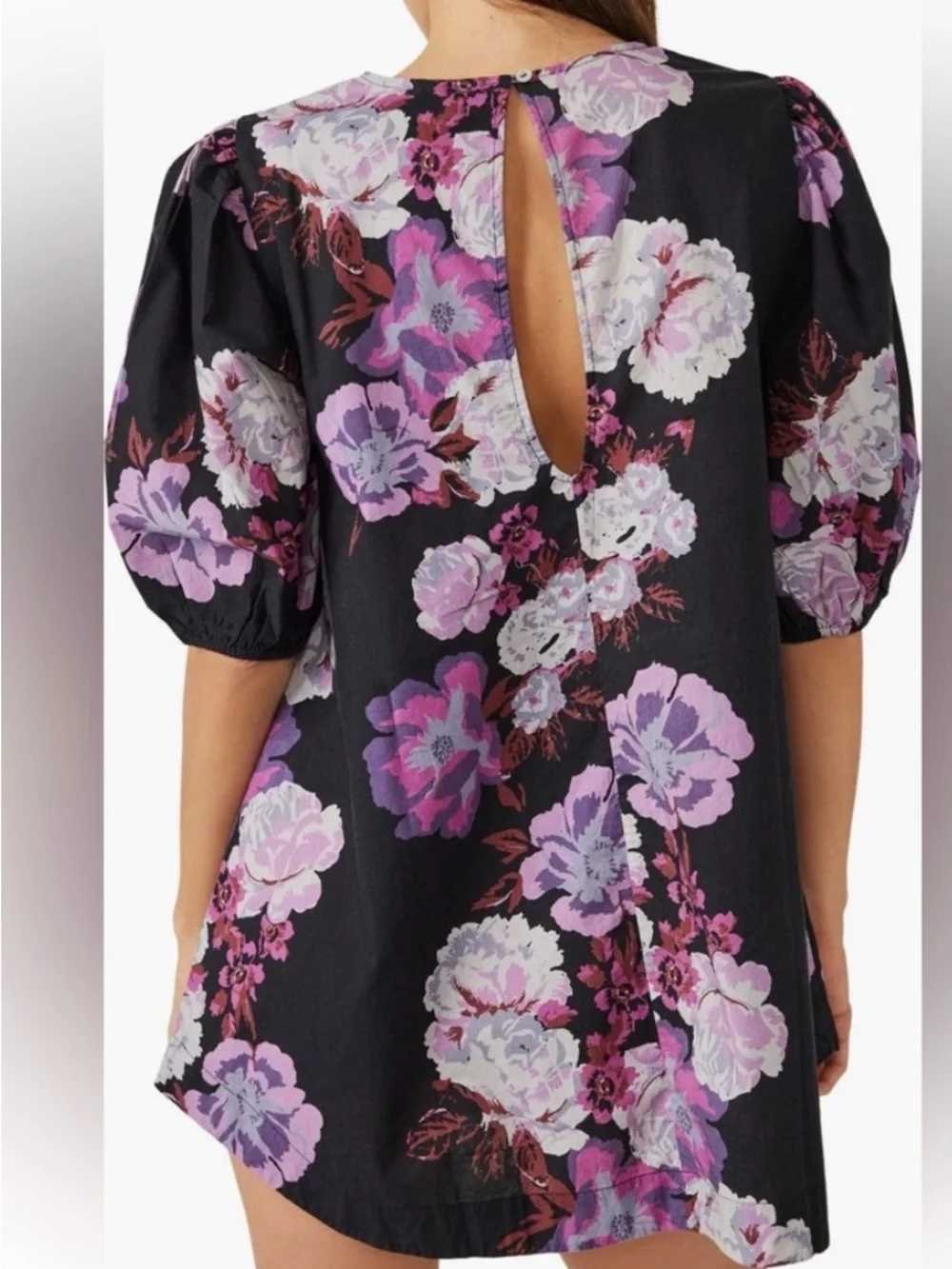 Free People “Maye” Black Mini Dress with Pink Floral Print
